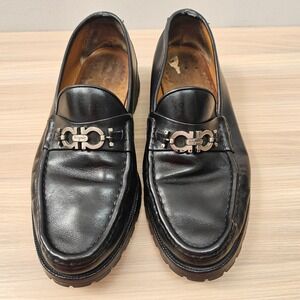 Salvatore Ferragamo Loafer Mens 10.5 EE Black Gancini Bit Leather Lug Sole ITALY